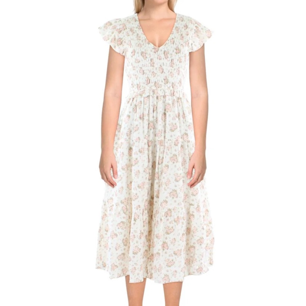 Aqua Floral Midi Dress - Cream and Pink